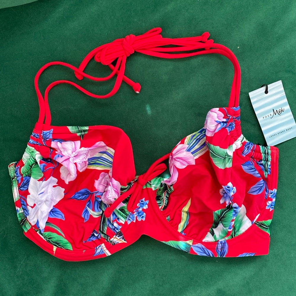 NWT Red tropical Underwire Bikini Top size 34G
